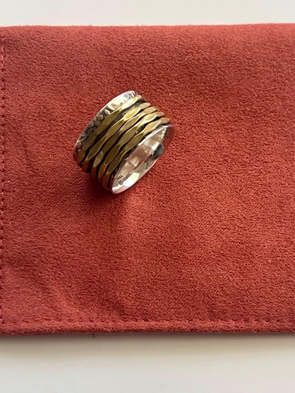 Sterling Silver and Brass Two-Tone Hammered Wide Band Spinner Ring